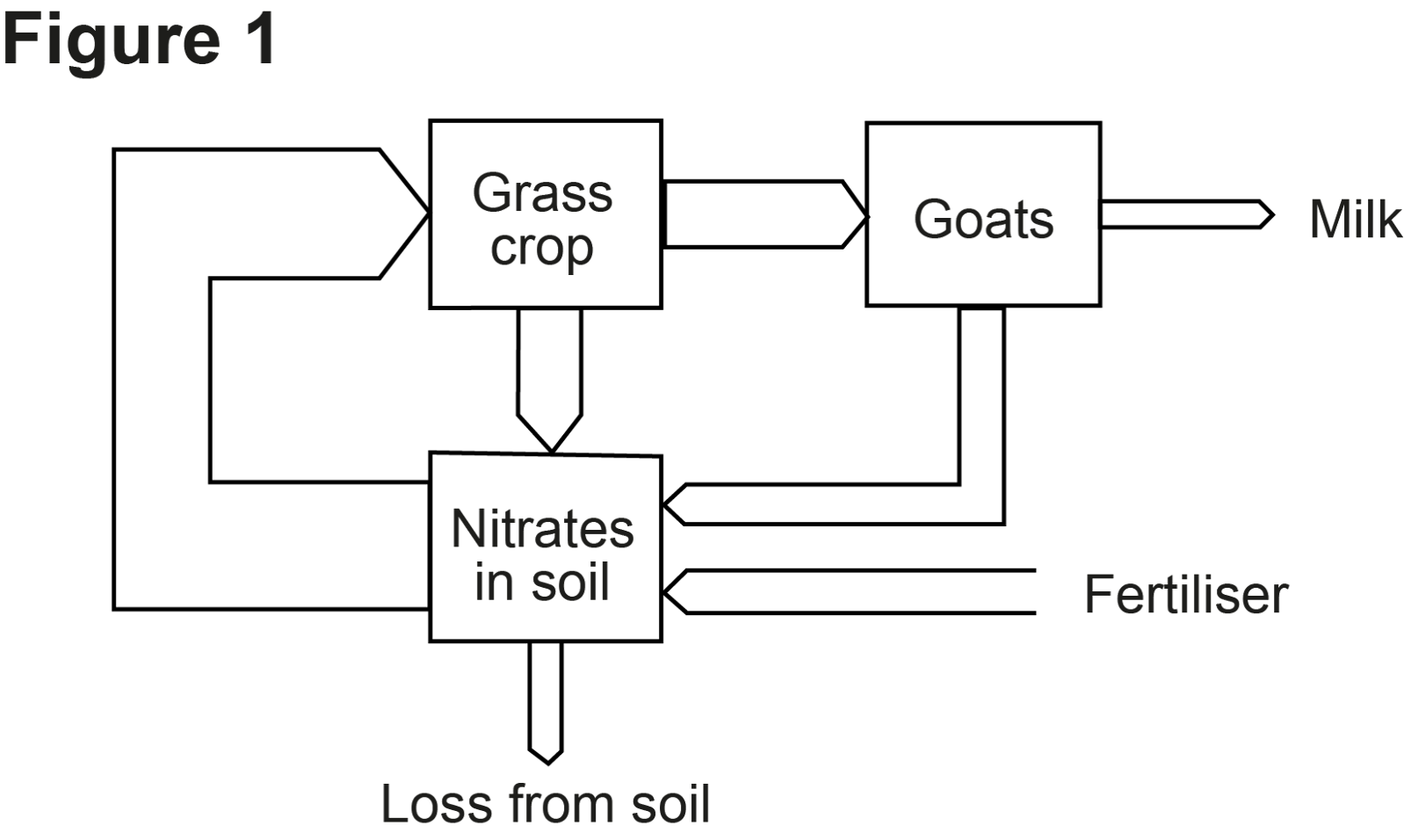 <p><strong>Figure 1</strong> represents the movement of nitrogen in a goat farm used to source primarily goat’s milk. The width of the arrows represents the average amount of nitrogen.</p><p></p><p></p><p>Using information from <strong>Figure 1</strong>, explain why it is necessary for a farmer to add fertiliser in order to maintain production of goat's milk. [2 marks]</p>