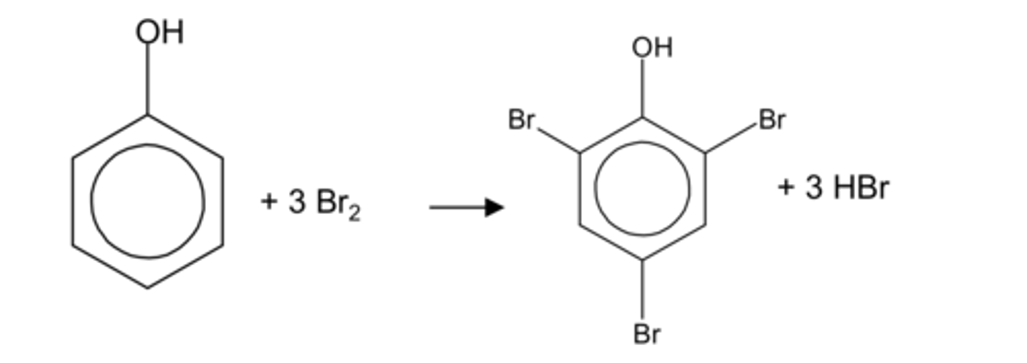 <p>Bromine water</p><p>RT</p><p>Product is a white solid</p><p>(-OH group is 2,4 directing)</p>