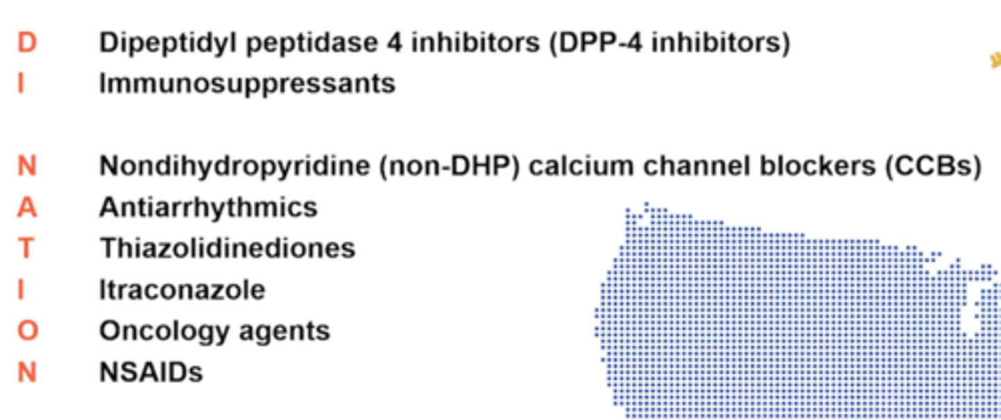 <p>Drug Information NATION</p><p>DI NATION</p><p>Dipeptidyl peptidase 4 inhibitors (DPP-4 inhibitors)-Alogliptin, sitagliptin, saxagliptin </p><p>Immunosuppressants </p><p>TNF inhibitors (etanercept, adalimumab, rituximab) and interferons</p><p>Nondihydropyridine CCBs- Diltiazem and verapamil (specifically in systolic HF - b/c they have non-inotropic effect)</p><p>Antiarrhythmics- Avoid Class I agents (e.g., procainamide, quinidine, flecainide) in HF</p><p>Amiodarone and dofetilide have less risk of worsening HF</p><p>Thiazolidinediones- increase risk of edema</p><p>Itraconazole</p><p>Oncology agents Anthracyclines (doxorubicin, daunorubicin)</p><p>NSAIDs- All (including celecoxib) compete with loop diuretics </p><p>fluid retention/edema, by increasing blood pressure or via negative inotropic effect</p>