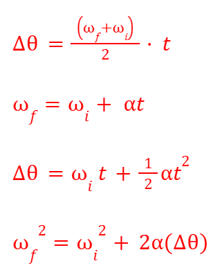 <p>A set of equations that relate angular displacement, angular velocity, angular acceleration, and time for rotational motion, similar to linear S.U.V.A.T. equations. </p>