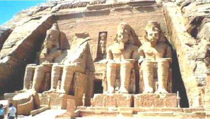 <p>Example of rock-cut temple • Constructed by Rameses II • Entrance forecourt leads to imposing pylon with 4 rockcut colossal statues of Rameses sitting over 20 m high</p>