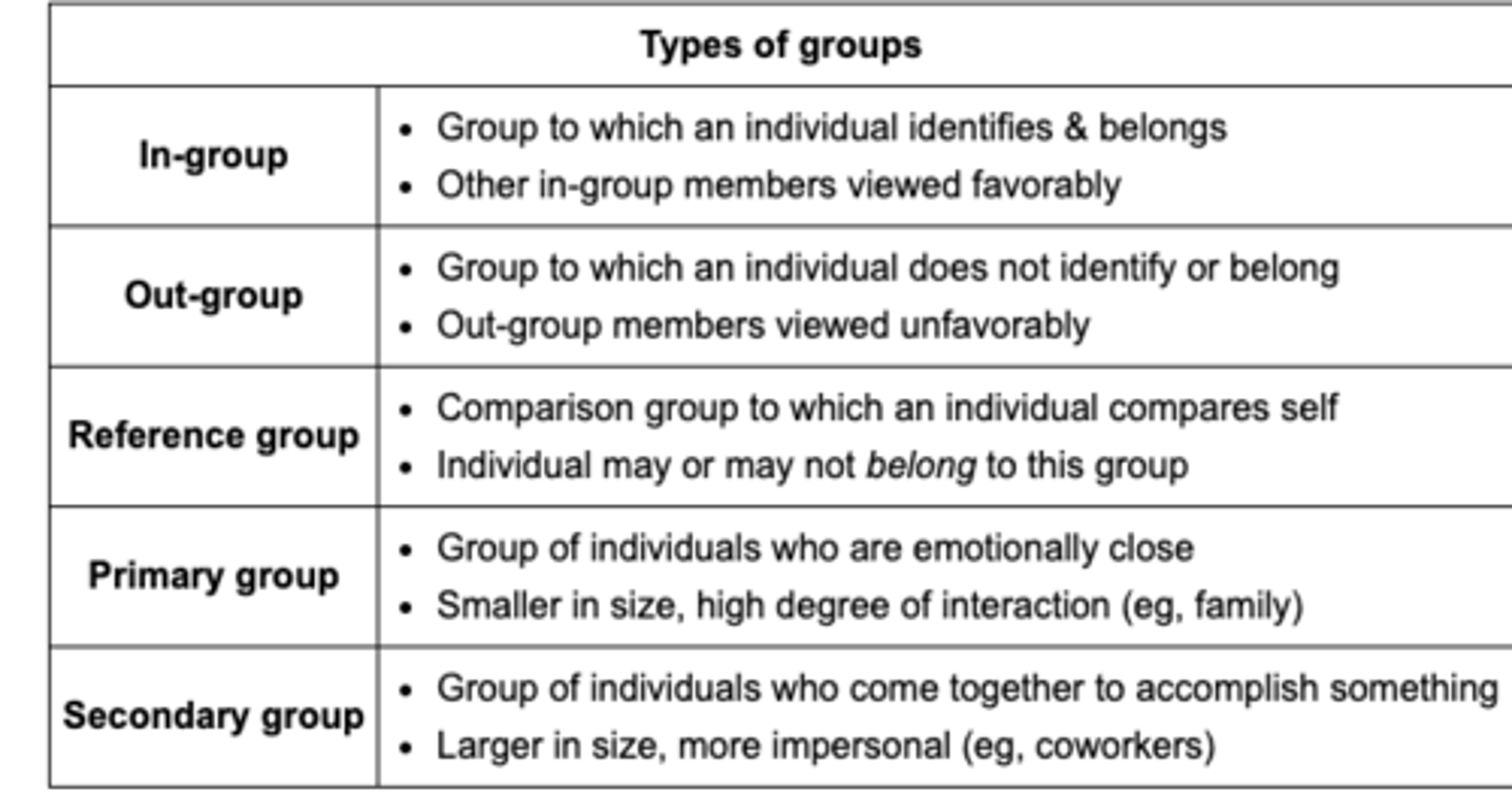 <p>False</p><p></p><p><span class="bgB">in-group</span> is a group to which an individual identifies and belongs</p><p>-other in-group members viewed favorably</p>