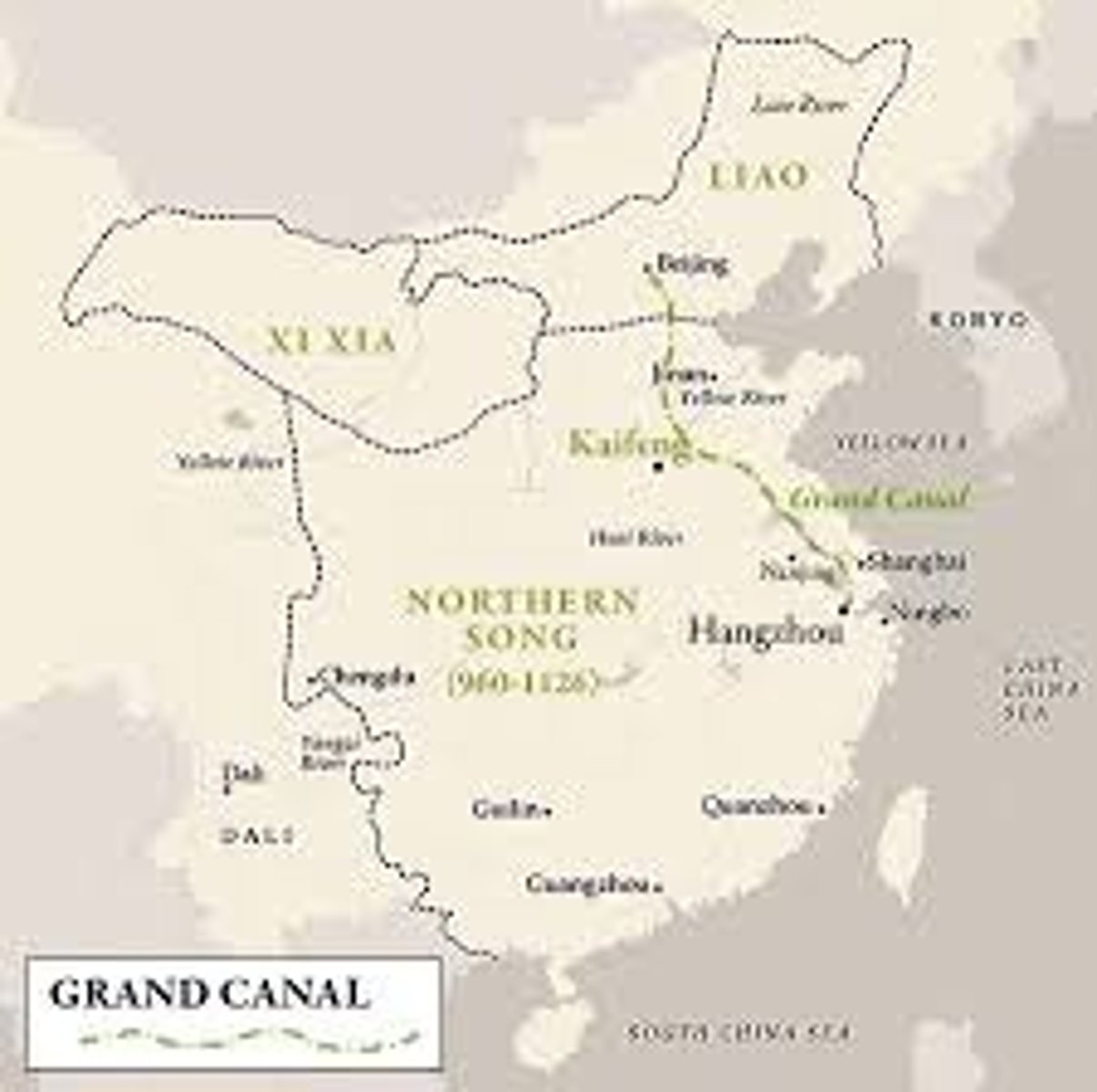 <p>The 1,100-mile (1,700-kilometer) waterway linking the Yellow and the Yangzi Rivers. It was begun in the Han period and completed during the Sui Dynasty. Led to increased trade within China.</p>