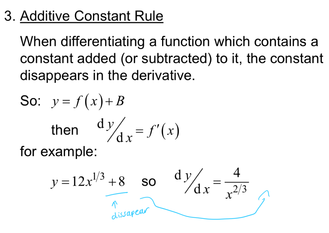 <p>constant disappears in the derivative </p>