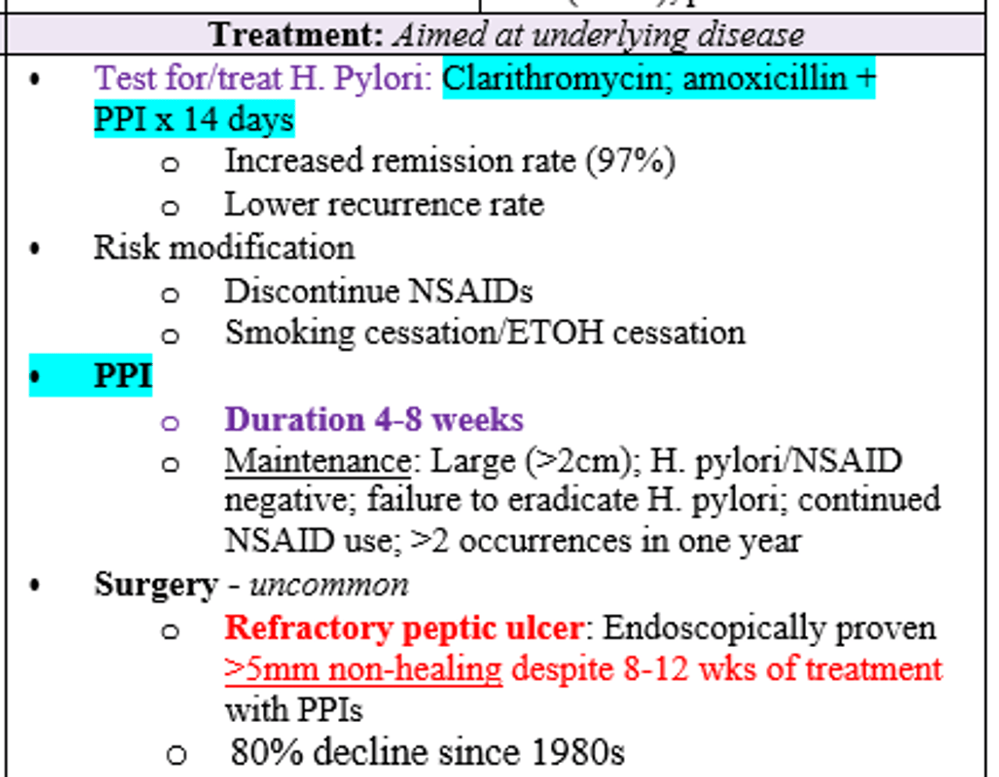 <p>H. Pylori Testing (+/- bx or stool antigen)</p><p>EGD (90% sensitive, allows for bx, diagnostic test of choice)</p><p>Treat underlying cause of PUD (H. Pylori = Clarithromycin, amoxicillin, and PPI x 14d) </p>
