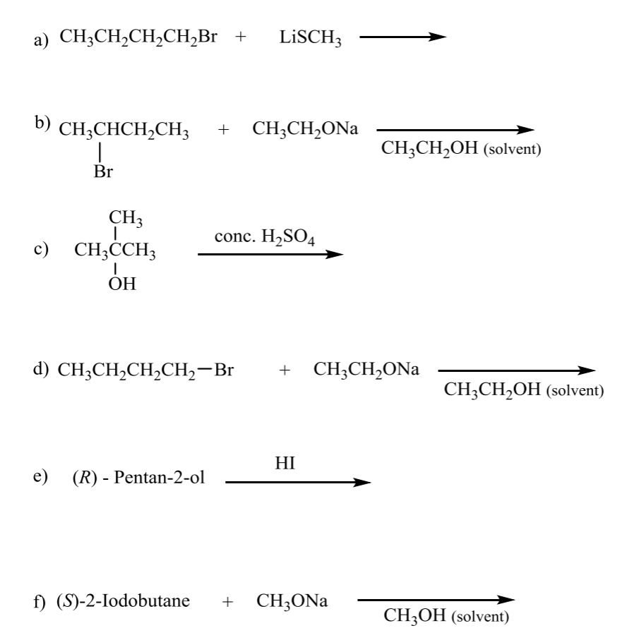 <p>what is the product for the following E1 and E2 rxns</p>