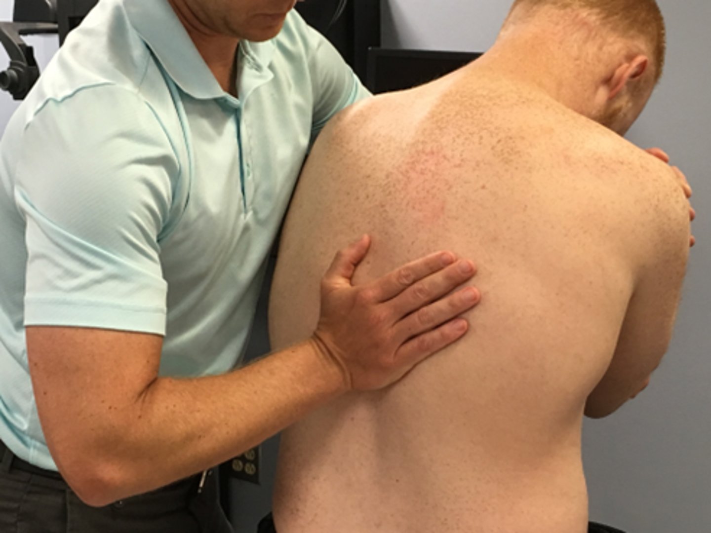 <p>SNAGS - lumbar/thoracic techniques: </p><p>Ulnar border of your hand is placed under the SP or TVP of target segment</p><p>Stand behind the patient</p><p>Glide vertebra upward as patient flexes forward</p><p>Use belt to fix the pelvis if necessary</p>