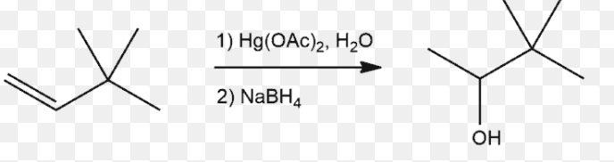 <ul><li><p>No Carbocation Rearrangements</p></li><li><p>Markov’s Rule - OH on more substituted carbon and H on the less </p></li></ul><p>1) Hg(OAc)2, H2O</p><p>2) NaBH4</p>