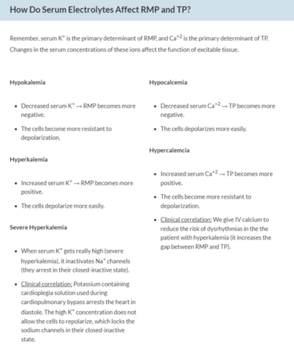 <p>1. RMP more negative--> Cell resistant to depolarization</p><p>2. RMP more positive--> depolarize more easily</p><p>3. TP more negative--> depolarize more easily</p><p>4. TP more positive--> more resistant to depolarization</p>