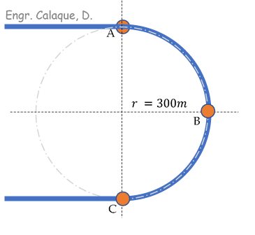 <p>Situation 04: A car enters point A of the semi-circular track shown at 120kph and leaves point C at 180kph.</p><p></p><p>If it gains speed at uniform rate, and the radius of track is 300m, find the following:</p><p>12. Velocity of car at B</p><p>a) 42.491m/s</p><p>b) 32.560m/s</p><p>c) 22.648m/s</p><p>d)52.056m/s</p>