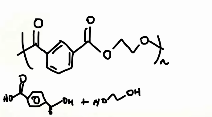 <p>polyoxoethyleneterephtalate (PET), used for water bottles and textiles</p>