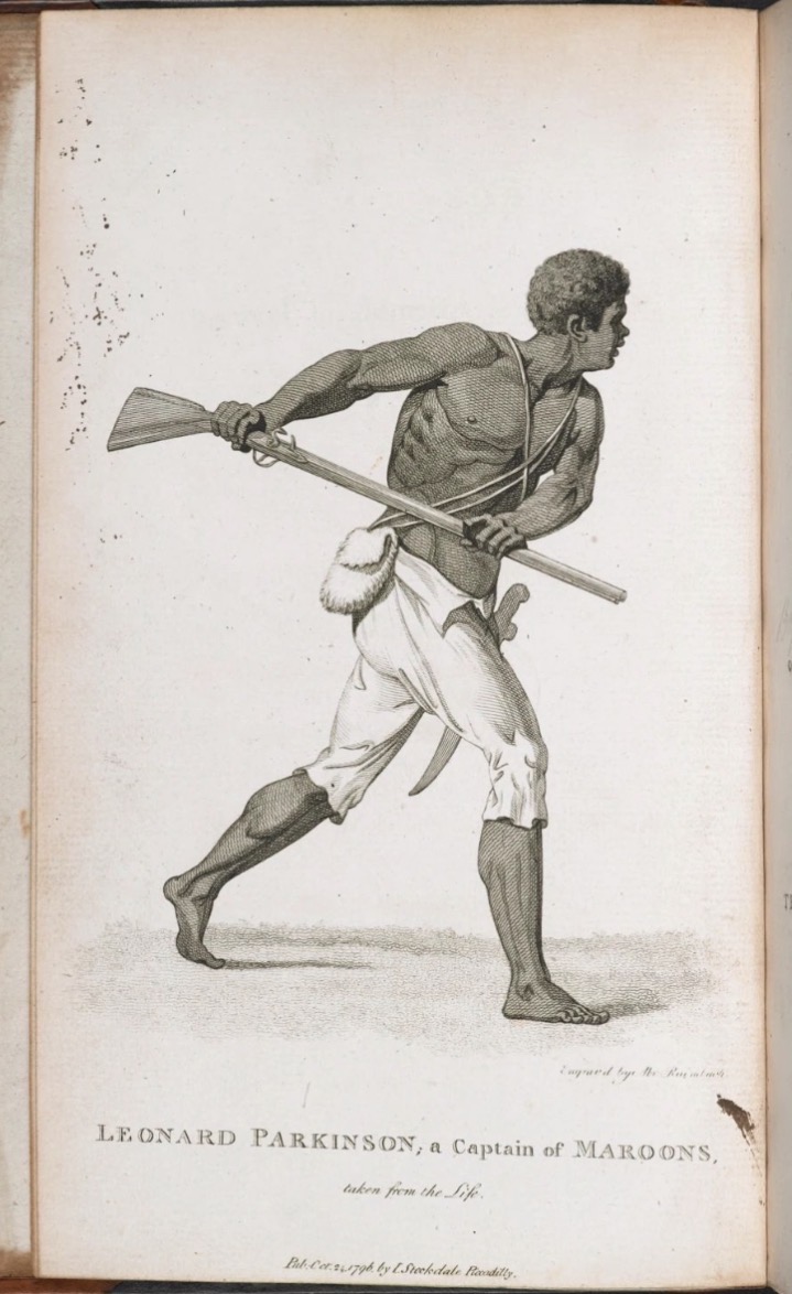 <p>#35 Leonard Parkinson, a Captain of the Maroons by Abraham Raimbach, 1796</p>
