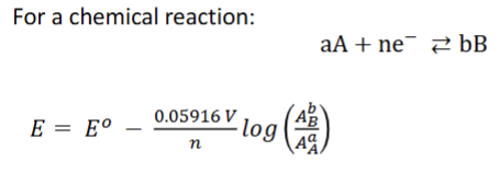 <p>the <strong>Nernst</strong> Equation</p><p>The two terms include the driving force under <u>standard</u> conditions, <strong>E<sup>o</sup></strong>, and a term showing the dependence on reagent concentrations, or, really, activities</p>