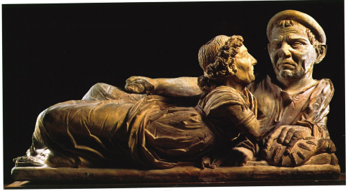 <p><span>Lid of cinerary urn with husband and wife reclining</span></p>