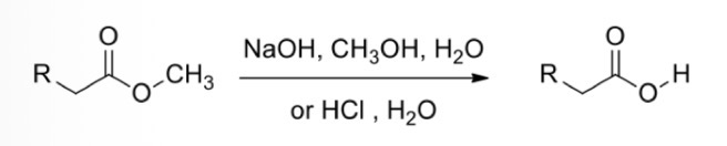 <p>Ester —> Carboxylic acid (saponification)</p>