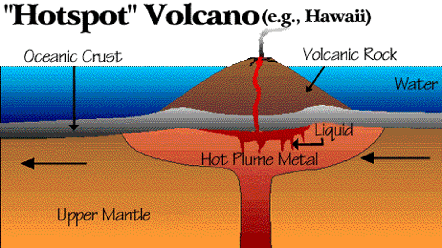 <p>Areas of volcanic activity caused by plumes of magma rising through the mantle.</p>