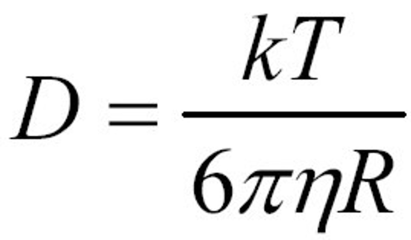 <p>The diffusion coefficient gives the amount of material diffused​ across a unit area in a unit time driven by a concentration drop. unit m^2/s.</p><p>it depends on the size and the shape of the particle, on the interaction with the solvent and on the viscosity of the solvent.</p><p>Einstein-Stokes-equation: valid for​spherical particles​in a viscous medium and used to calculate the diffusion coefficient.</p>