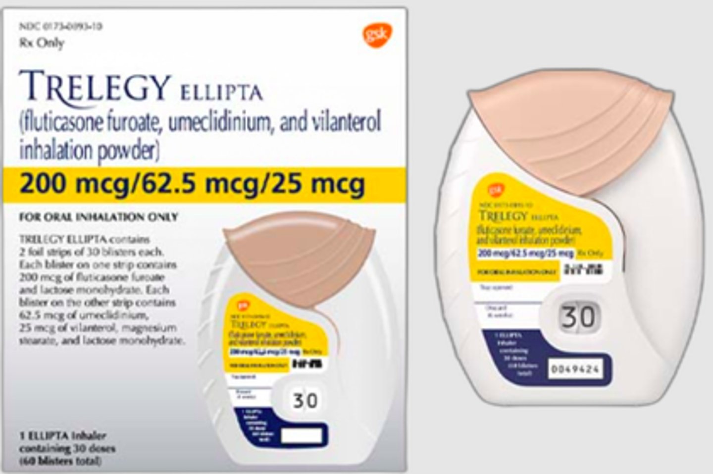 <p>Trelegy</p><p>vilanterol= LABA</p><p>fluticasone= ICS</p><p>umeclidinium= LAMA</p>