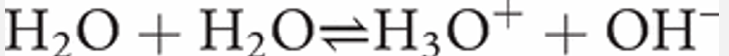 <ul><li><p>Water is amphoteric—that is, water behaves as both an acid and a base. The full equation representing the dissociation of water can be written as follows.</p></li><li><p>The equilibrium constant for water has a value of 1 × 10−14 at 25 °C. This means that only 1 in every 550 000 000 (1 in 5.5 × 108) molecules of water dissociates into ions.</p></li><li><p>The equilibrium reaction lies almost totally to the left: the back reaction predominates hugely over the forward reaction. So we see that water is a very weak acid (and consequently a very strong base).</p></li></ul><p></p>