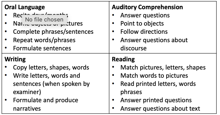 <p>These are the things an SLP might do to assess modalities of language </p>