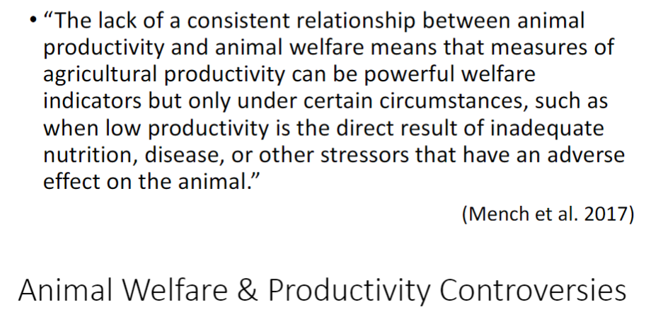 <p><strong>Inconsistent Relationship</strong><br>āThere is no <strong>consistent link</strong> between <strong>productivity</strong> and <strong>animal welfare</strong></p><p><strong>Conditional Indicator</strong><br>āMeasures of <strong>agricultural productivity</strong> can indicate <strong>welfare problems</strong><br>āāOnly when <strong>low productivity</strong> is directly caused by <strong>inadequate nutrition</strong>, <strong>disease</strong>, or other <strong>stressors</strong> adversely affecting the animal</p><p><strong>Key Point</strong><br>āHigh or normal productivity <strong>does not automatically imply good welfare</strong>; careful interpretation is required</p>