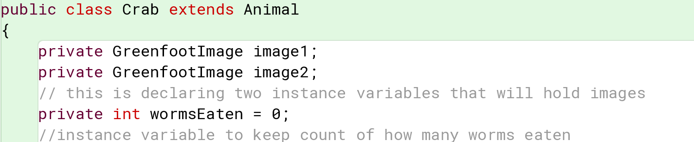 <p>Also called fields, can be used to store information (objects, or values). Bit of memory that belongs to the object ( the instance of the class) Anything stored on it, will be remembered as long as the object exists. </p><p>Is declared in a class by writing the keyword private followed by the type of the variable and the variable name. private variable-type variable-name;</p><p>The type of the variable defines what we want to store on it. Always write instance variables declarations at the top of our class, BEFORE constructors and methods</p>