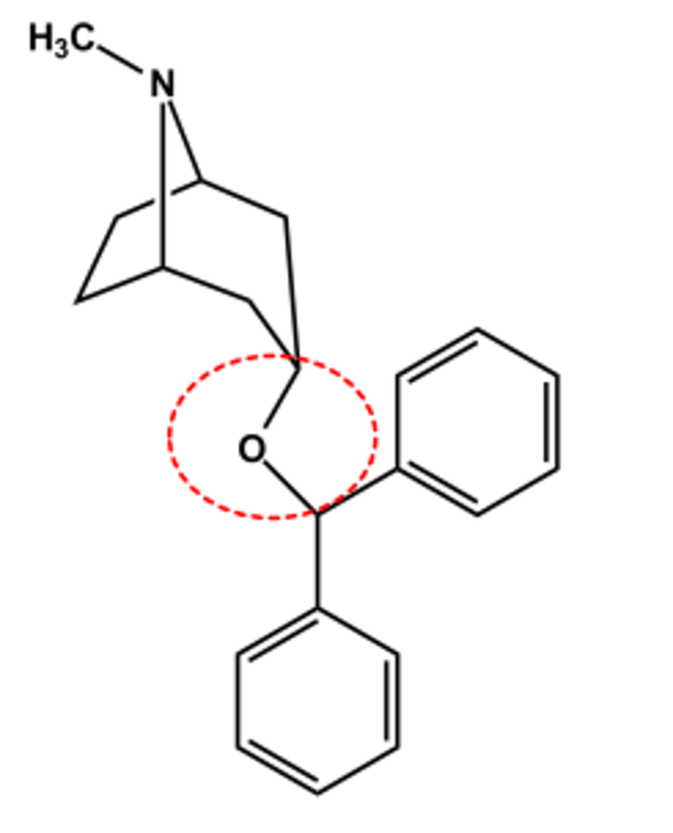 <p>- Tertiary N permits systemic effects</p><p>- No ester, so longer duration LogP ~ 4.3; pKa ~10</p><p>- Use: adjunctive treatment of Parkinson's disease</p>