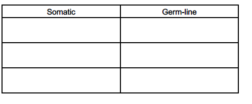 <p>The treatment of cystic fibrosis is described as somatic gene therapy. Another type of gene therapy is known</p><p>as germ-line gene therapy.</p><p>Complete the table below to show three differences between somatic gene therapy and germ-line gene</p><p>therapy.</p>