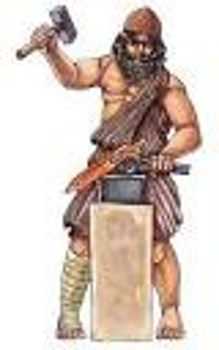<p>[Hephaestus]</p><p>god of the forge and blacksmithing, volcanoes, hammer and anvil are symbols</p>