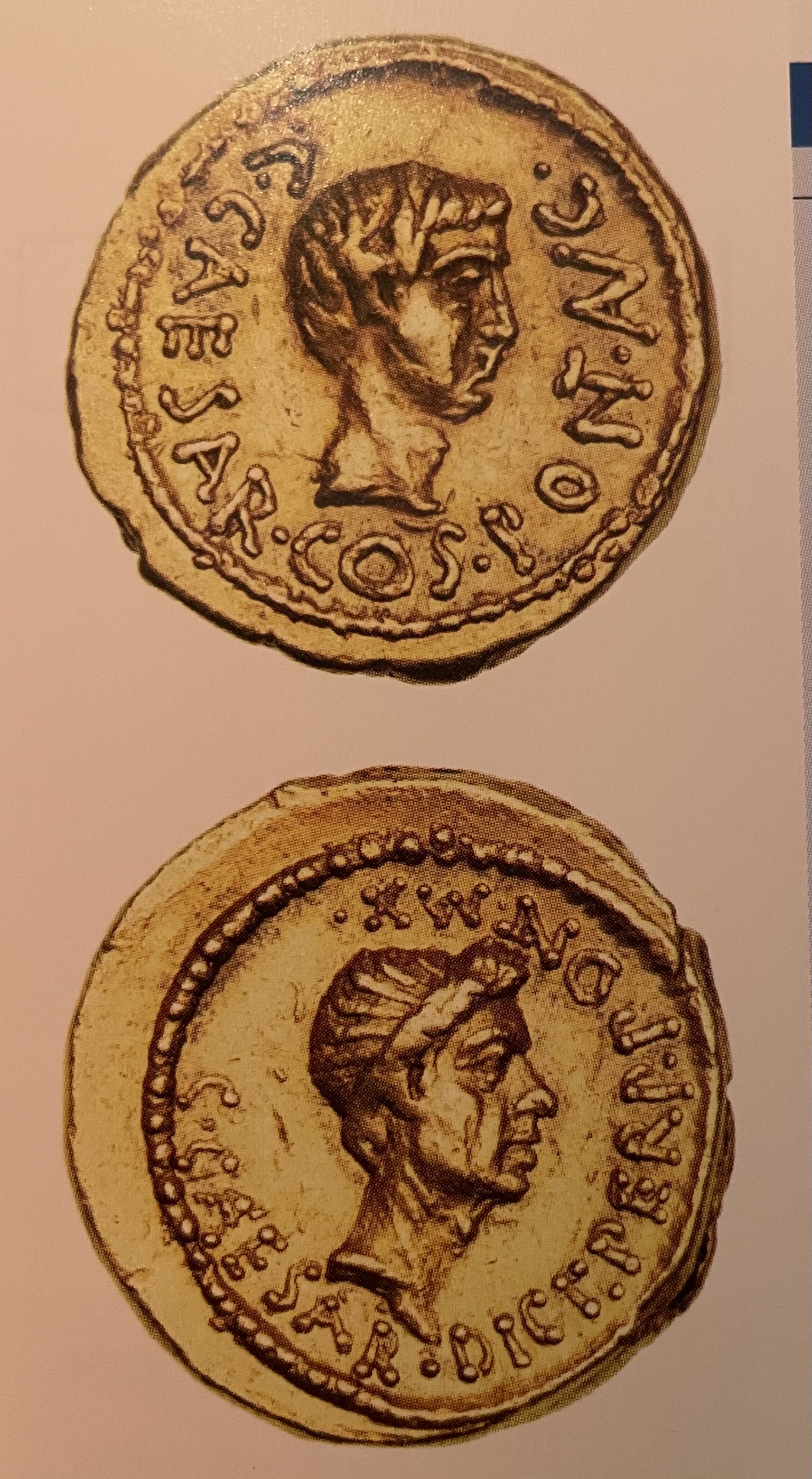 <p>Aureus: obv. bare head of Octavian; rev. Head of Julius Caesar with a laurel wreath</p>
