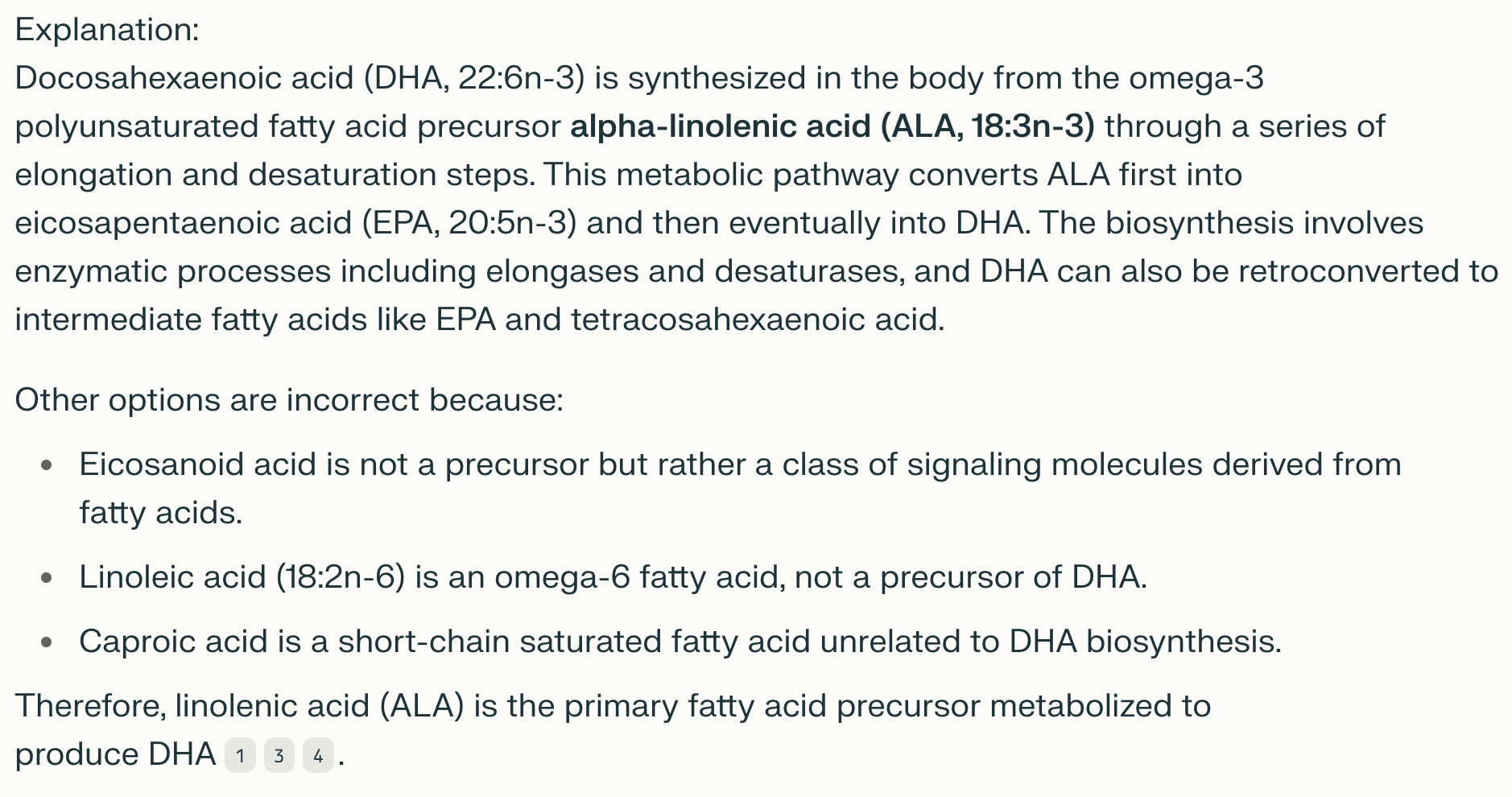 <p><strong>DHA là chất được chuyển hoá từ tiền chất acid béo nào sau đây ?</strong></p><p>A. Acid eicosanoid</p><p>B. Acid linoleic</p><p>C. Acid caproic</p><p>D. Acid linolenic</p>