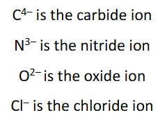 <p>simply put ide at the end of the elements name followed by the word ion</p>