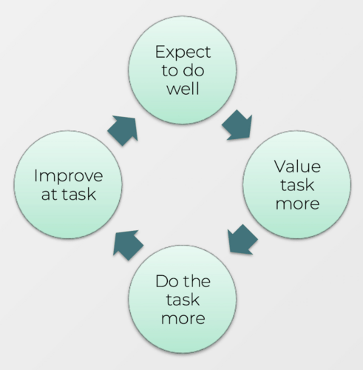 <p>Expect to do well --> Value task more --> Do task more --> Improve at task --> Expect to do well more in future</p>