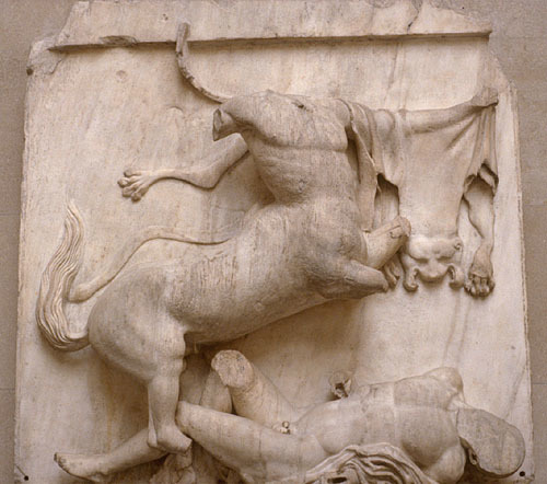447-442BC, Parthenon, Athens

Why is it successful? 
* It depicts the centaur most successfully (e.g. holding an animal skin, sense of drunkenness), and there was originally a wine jar in the centaur's right hand (now lost) 
* Drapery appears slightly see through 
* Parallel lines and strong horizontals 
* Sense of anticipation (rearing up in triumph before crashing down) 
* Animal skin represents bestial nature of centaurs (barbaric) 
 
How do we know it's high classical? 
 
 
Critic quotes: 
1. 'sensitively rendered body crumpled pathetically in death' 
2. 'the triumphant centaur rears above his victim'