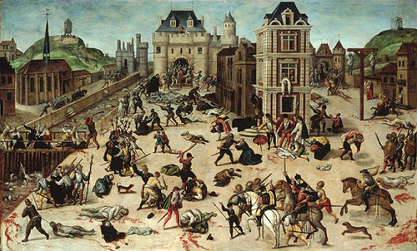 <p>Mass slaying of Huguenots (Calvinists) in Paris, on Saint Bartholomew's Day, 1572.</p>