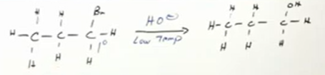 <p>Remember, synthesis of alcohols from alkyl halides are substitution reactions. Sn2 reaction because 1st degree alkyl halide, so OH- reagent. low temperature and substitute the halide for the alcohol</p>
