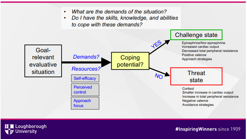 <p>Jones 2009</p><ul><li><p>Goal relevant evaluative situation = the stressful situation the athlete is in</p></li><li><p>Demands = the demands required of the athlete in the situation</p></li><li><p>Resources = the resources the athlete believes they have avalable (such as physical skill, self-efficacy, perceived control)</p></li><li><p>Coping potential = The athletes overall idea if they can cope with the situation or not, YES or NO</p></li><li><p>Challenge state = occurs when coping potential is YES, causes facilitative psycho and somatic changes</p></li><li><p>Threat state = occurs when coping potential is NO, causing debilitative psycho and somatic changes</p></li></ul><p></p>