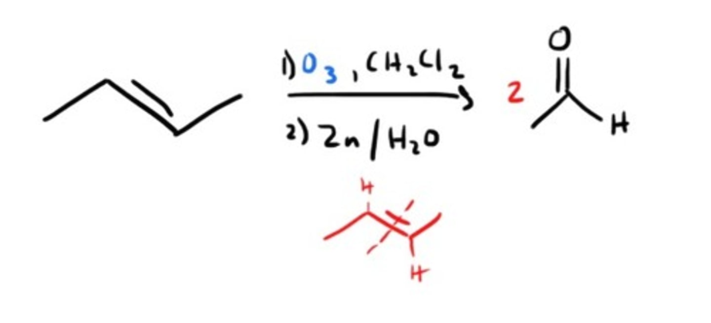 <p>cuts the double bond and puts O on carbons</p>