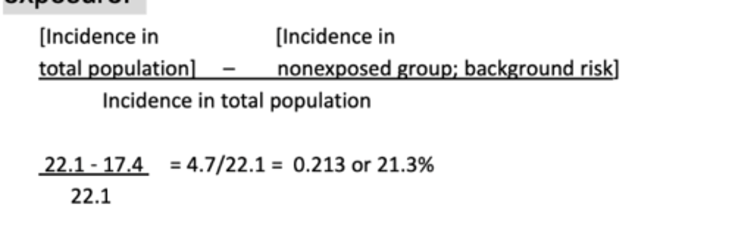 <p>What does this tell us? 21.3% of the incidence of CHD in the total population can be attributed to smoking. An effective program (at best) could achieve reduction of 21.3% in the incidence of CHD in <strong>TOTAL population</strong></p><p>Interpretation: <strong>Assuming causality</strong>, [x] cases of [outcome] among the total population is attributable to [exposure].</p>