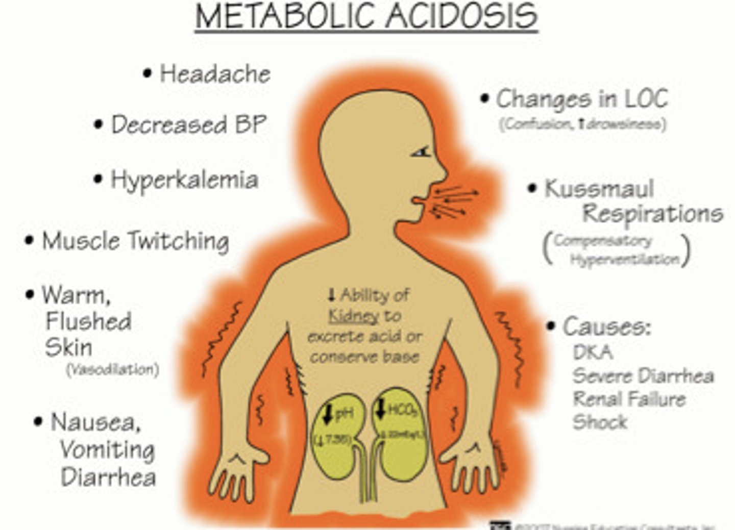 <p>pH↓ HCO₃↓ | DKA, renal failure | Kussmaul breathing</p>