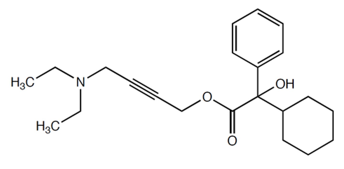 <p><strong>Brand: </strong>Ditropan</p><p><strong>Class: </strong>Urinary Antimuscarinic</p><p><strong>MOA: </strong>Competitively antagonizes muscarinic receptors. Direct antispasmodic effect on smooth muscle, also inhibits the action of acetylcholine on smooth muscle; does not block effects at skeletal muscle or at autonomic ganglia; increases bladder capacity, decreases uninhibited contractions, and delays desire to void, therefore, decreases urgency and frequency</p>