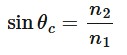 <p>The angle of incidence at which light is refracted along the boundary between a medium with a greater refractive index and a medium with a smaller refractive index.</p><ul><li><p>sinθc = critical angle</p></li><li><p>n1 = refractive index of the first medium, n2 = refractive index of the second medium. </p></li></ul><p></p>
