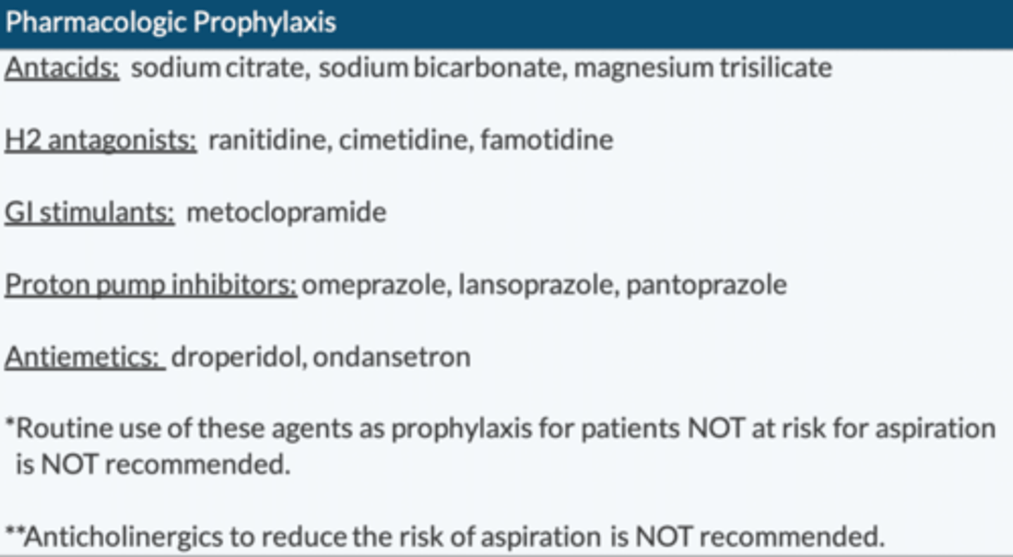 <p>Antacids: sodium citrate, sodium bicarbonate, magnesium trisilicate</p><p>H2 antagonist: ranitidine, cimetidine, famotidine</p><p>GI stimulants: metoclopramide</p><p>PPI: omeprazole, lansoprazole, pantoprazole</p><p>Antiemetics: droperidol, ondansetron </p><p>*Routine use of these agents as prophylaxis for patients NOT at risk for aspiration is NOT recommended</p><p>**Anticholinergics to ↓ risk of aspiration is NOT recommended </p>