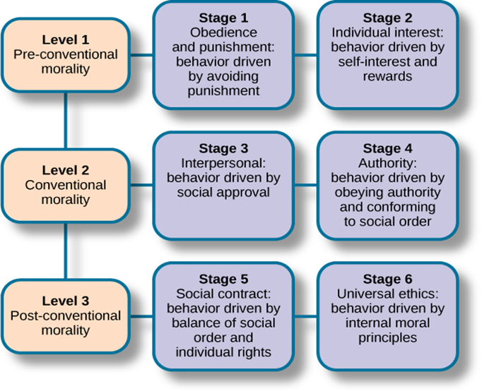 <p><strong>Moral reasoning</strong> is the process of making judgements about the rightness and wrongness of certain acts. <strong>Kohlberg</strong> (1984) investigated the moral reasoning of individuals from childhood to adulthood. By using a moral dilemma of Heinz stealing medicine for his wife, he found that there were 3 levels of moral reasoning with 2 stages each. First, <strong>preconventional</strong> morality is usually held by children as they believe what is ‘right’ is what conforms to what avoids punishment (stage 1), and what serves onseself or is a reward (stage 2). Second, <strong>conventional</strong> <strong>morality</strong> is held by adolescents as they believe what is ‘right’ depends on the basis of expectations of one’s family or other significant group (stage 3) and as defined by a larger group societal norm (stage 4). Third, <strong>postconventional</strong> morality involves achieving the greatest good for the greatest number of people; rules should be upheld to maintain social order, but an individual understands that all people have individual rights and liberties (stage 5). A small number of adults reach the final stage where they based right and wrong based on self-chosen ethical principles that are well-integrated and thought out and consistently follow their value system (stage 6).</p><p class="MsoNormal">&nbsp;</p><p class="MsoNormal">EXTRA EXAMPLES BELOW</p><p class="MsoNormal"></p><p class="MsoNormal"><strong>Level 1: Pre-conventional Morality</strong></p><p class="MsoNormal">Stage 1: Obedience and punishment: behavior is driven by avoiding punishment (e.g., the man should not steal the drug because he may get caught and go to jail)</p><p class="MsoNormal">Stage 2: Individual interest: behavior driven by self-interest and reward (e.g., the man should steal the drug because he does not want to lose his wife who takes care of him)</p><p class="MsoNormal"><strong>Level 2: Conventional morality</strong></p><p class="MsoNormal">Stage 3: Interpersonal: behavior driven by social approval (e.g., he man should steal the drug because that is what good husbands do)</p><p class="MsoNormal">Stage 4: Authority: behavior driven by obeying authority and confirming to social order (e.g., the man should not steal the drug because stealing is a crime)</p><p class="MsoNormal"><span style="color: red"><strong>Level 3: Post-conventional morality (Kohlberg doubted few people reached this stage)</strong></span></p><p class="MsoNormal">Stage 5: Social contract: behavior driven by balance of social order and individual rights (the man should steal the drug because laws can be unjust)</p><p class="MsoNormal">Stage 6: Universal ethics: behavior driven by internal moral principles (e.g., the man should steal the drug because life is more important than property)</p><p class="MsoNormal"><span style="color: rgb(0, 0, 0)">Post conventional morality</span><span style="color: red"> </span><span style="color: rgb(0, 0, 0)">i</span>s when individual judgment is based on self-chosen principles, and moral reasoning is based on individual rights and justice. According to Kohlberg this level of moral reasoning is as far as most people get. Only 10-15% are capable of the kind of abstract thinking necessary for stage 5 or 6 of post-conventional morality. That is to say most people take their moral views from those around them and only a minority think through ethical principles for themselves.</p><p class="MsoNormal">• Stage 5. Social Contract and Individual Rights. The child/individual becomes aware that while rules/laws might exist for the good of the greatest number, there are times when they will work against the interest of particular individuals. The issues are not always clear cut. For example, in Heinz’s dilemma the protection of life is more important than breaking the law against stealing.</p><p class="MsoNormal">• Stage 6. Universal Principles. People at this stage have developed their own set of moral guidelines which may or may not fit the law. The principles apply to everyone. E.g. human rights, justice and equality. The person will be prepared to act to defend these principles even if it means going against the rest of society in the process and having to pay the consequences of disapproval and or imprisonment.</p>