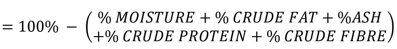 <p>Estimates starch and sugar content (the nutrients that we have enzymes to break down); a mathematically-derived value.</p><p><strong>Potential sources of error/limitations:</strong></p><ul><li><p>Accumulates ALL of the errors that exist for the other components → probably the greatest error!</p></li></ul><p></p>