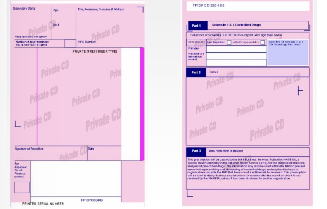 <ul><li><p>Private prescribers can only prescribe Sch 2 or 3 CDs privately on a <mark data-color="red" style="background-color: red; color: inherit;">pink private prescription form (</mark><strong><mark data-color="red" style="background-color: red; color: inherit;">FP10PCD</mark></strong><mark data-color="red" style="background-color: red; color: inherit;">)</mark></p></li><li><p>All private prescribers have been allocated a <strong>6 digit prescriber identification number</strong> which must be included on the FP10CD » this is different to their GMC number which is not legally required</p></li></ul><p></p>