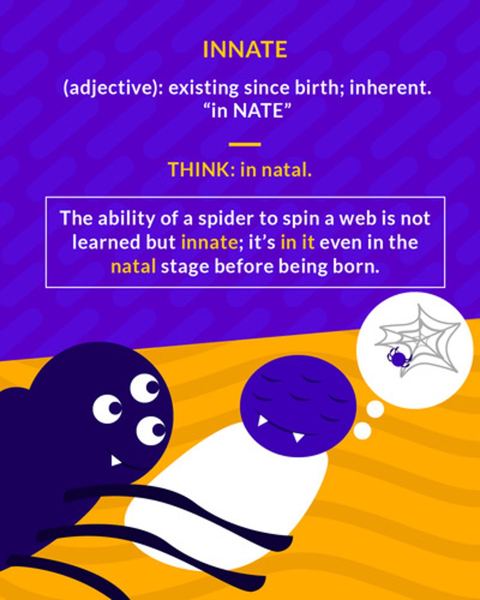 <p>existing from birth, inborn</p><p>(adj.) existing from birth, inherent</p>