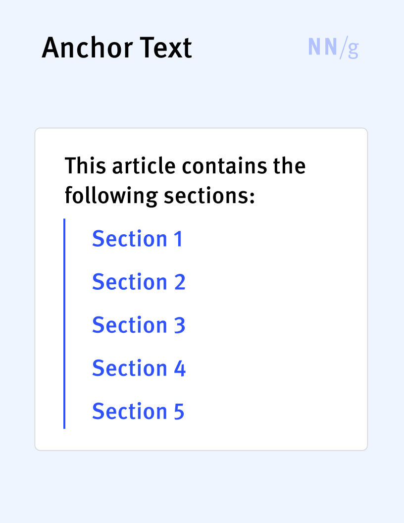 <p>A link that allows users to navigate from one location to another within the same page. Anchor links are often used to implement in-page tables of contents.</p>