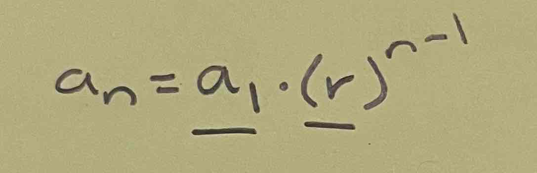 <p>a<sub>n</sub> = <span style="color: blue">a<sub>1</sub> </span>+ <span style="color: blue">d</span><sup>(n-1)</sup></p>