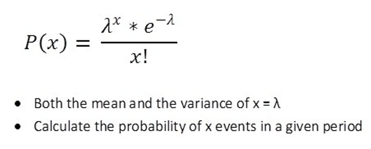 <p>we know the number of outcomes, but not the number of trials (eg light flashing)</p><p>λ events/time interval,</p><p>x is the number of events</p><p><x> = var(x) = λ</x></p>